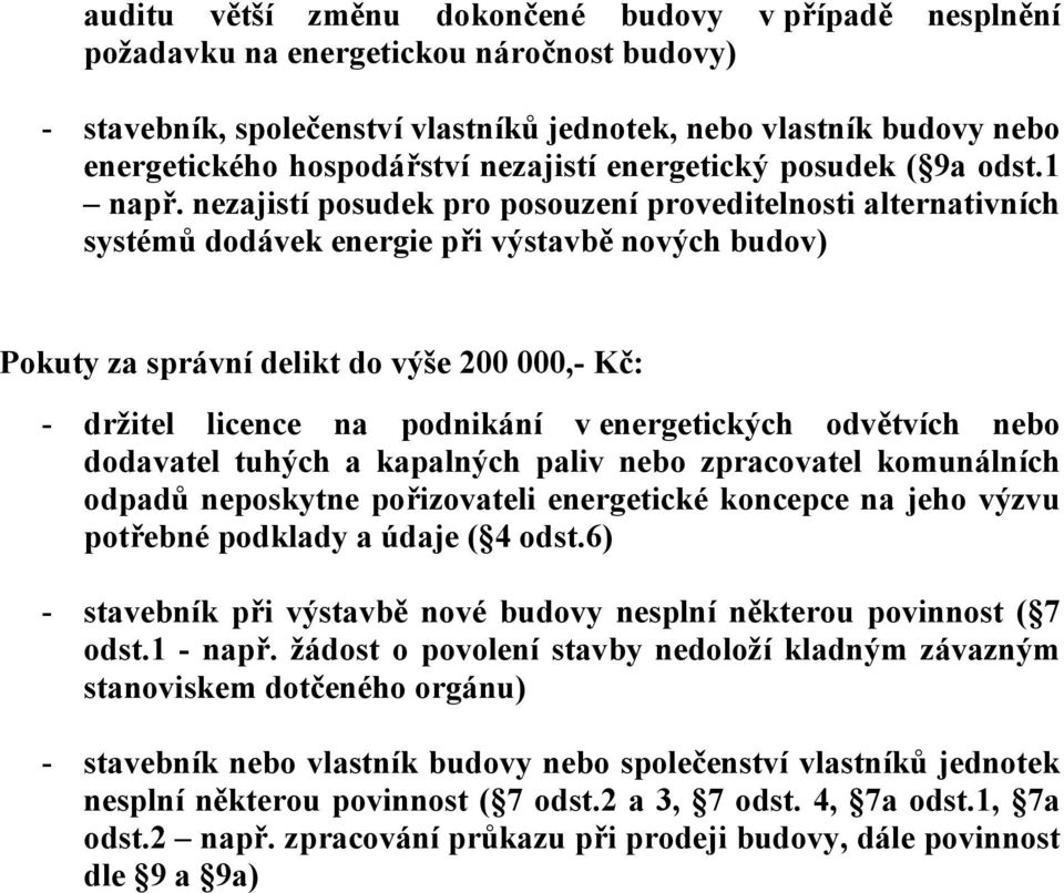 nezajistí posudek pro posouzení proveditelnosti alternativních systémů dodávek energie při výstavbě nových budov) Pokuty za správní delikt do výše 200 000,- Kč: - držitel licence na podnikání v