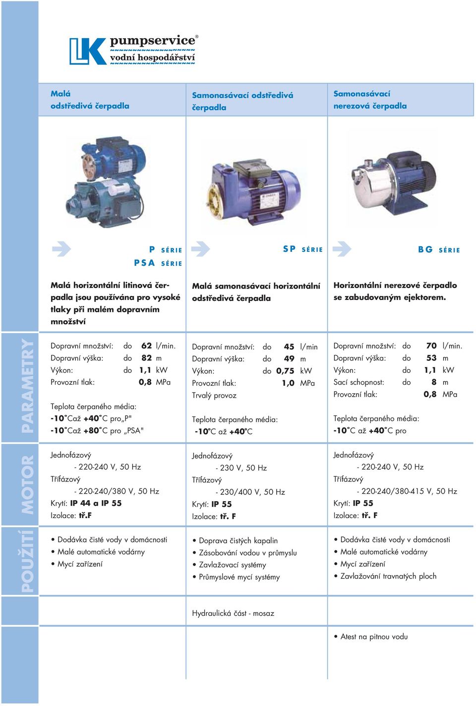 Dopravní výška: do 82 m Výkon: do 1,1 kw 0,8 MPa -10 Caž +40 C pro P" -10 Caž +80 C pro PSA" Dopravní množství: do 45 l/min Dopravní výška: do 49 m Výkon: do 0,75 kw 1,0 MPa -10 o C až +40 o C