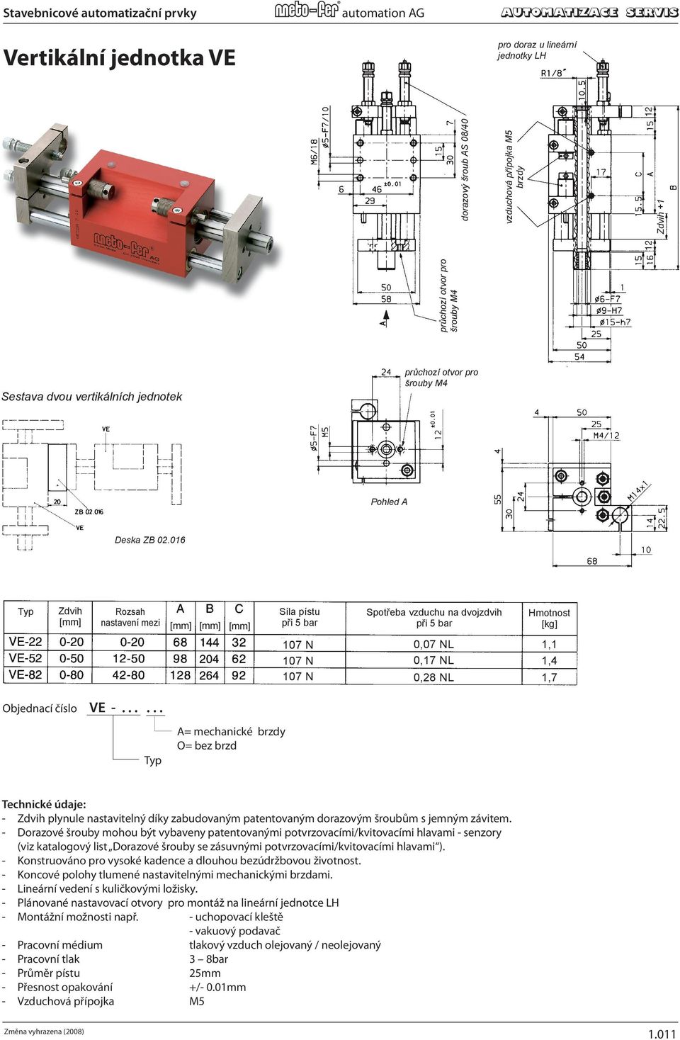 šrouby M4 Vertical Unit VE Sestava dvou vertikálních jednotek In combination with mechanical gripper NW12 order NW25 průchozí otvor pro šrouby M4 12 12 12 12 Pohled A eads provide adjustable,