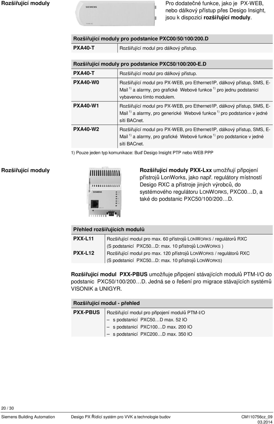 Rozšiřující moduly pro podstanice PXC50/100/200-E.