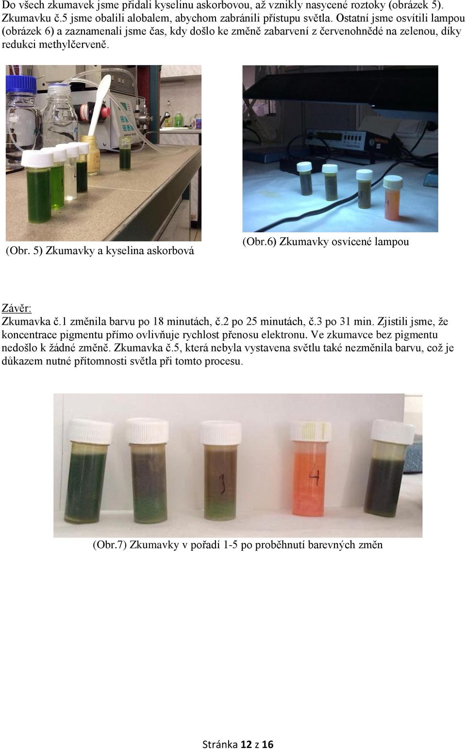 6) Zkumavky osvícené lampou Závěr: Zkumavka č.1 změnila barvu po 18 minutách, č.2 po 25 minutách, č.3 po 31 min. Zjistili jsme, že koncentrace pigmentu přímo ovlivňuje rychlost přenosu elektronu.