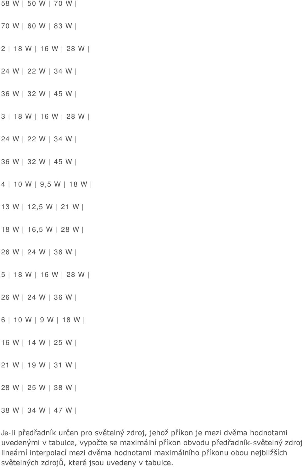 47 W Je-li předřadník určen pro světelný zdroj, jehož příkon je mezi dvěma hodnotami uvedenými v tabulce, vypočte se maximální příkon obvodu