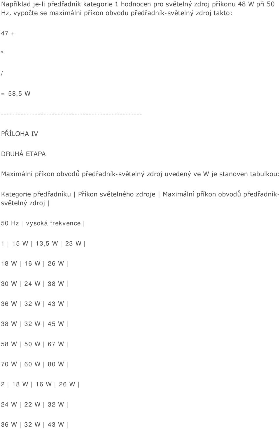 uvedený ve W je stanoven tabulkou: Kategorie předřadníku Příkon světelného zdroje Maximální příkon obvodů předřadníksvětelný zdroj 50 Hz vysoká