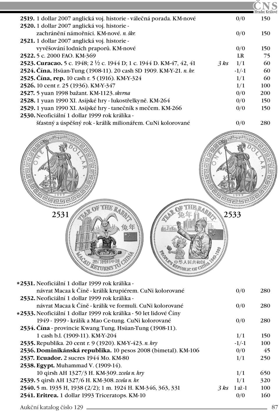 Čína. Hsüan-Tung (1908-11). 20 cash SD 1909. KM-Y-21. n. hr. -1/-1 60 2525. Čína, rep. 10 cash r. 5 (1916). KM-Y-324 1/1 60 2526. 10 cent r. 25 (1936). KM-Y-347 1/1 100 2527. 5 yuan 1998 bažant.