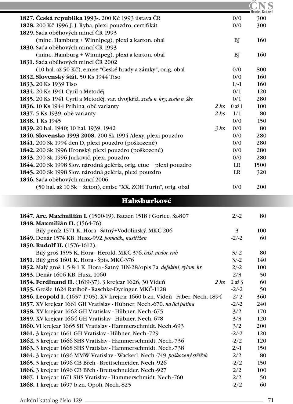 až 50 Kč), emise České hrady a zámky, orig. obal 0/0 800 1832. Slovenský štát. 50 Ks 1944 Tiso 0/0 160 1833. 20 Ks 1939 Tiso 1/-1 160 1834. 20 Ks 1941 Cyril a Metoděj 0/1 120 1835.