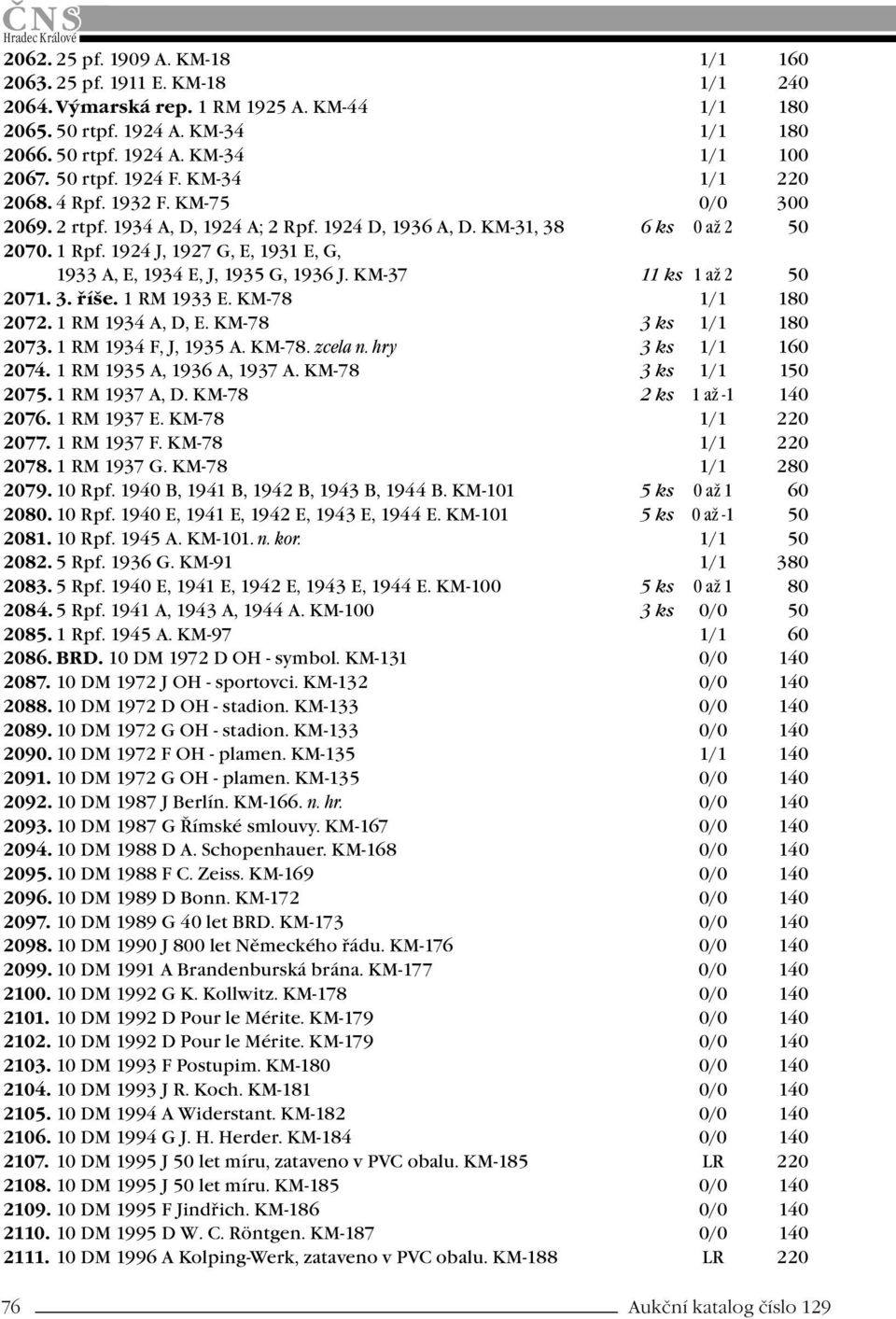 1924 J, 1927 G, E, 1931 E, G, 1933 A, E, 1934 E, J, 1935 G, 1936 J. KM-37 11 ks 1 až 2 50 2071. 3. říše. 1 RM 1933 E. KM-78 1/1 180 2072. 1 RM 1934 A, D, E. KM-78 3 ks 1/1 180 2073.