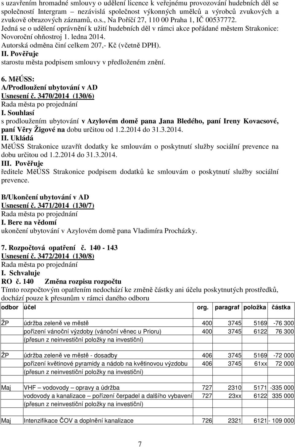 Autorská odměna činí celkem 207,- Kč (včetně DPH). starostu města podpisem smlouvy v předloženém znění. 6. MěÚSS: A/Prodloužení ubytování v AD Usnesení č.