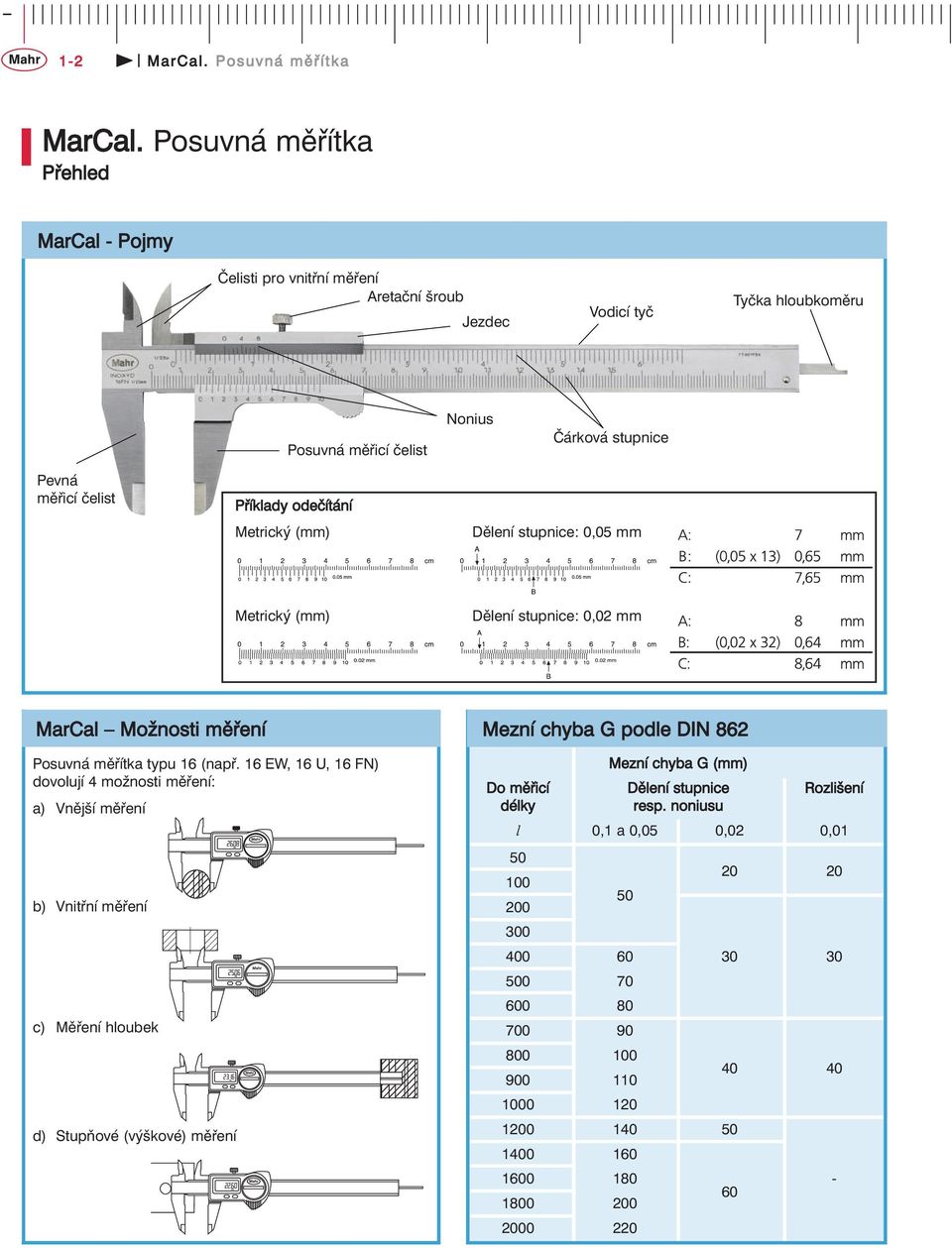 odečítání Metrický (mm) Dělení stupnice: 0,05 mm Metrický (mm) Dělení stupnice: 0,02 mm MarCal Možnosti měření Posuvná měřítka typu 16 (např.