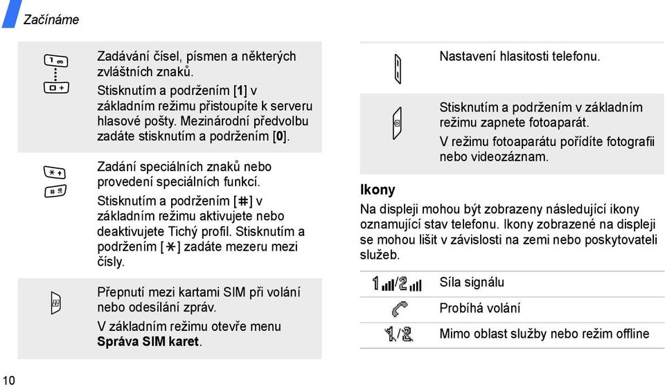 Stisknutím a podržením [ ] v základním režimu aktivujete nebo deaktivujete Tichý profil. Stisknutím a podržením [ ] zadáte mezeru mezi čísly. Přepnutí mezi kartami SIM při volání nebo odesílání zpráv.