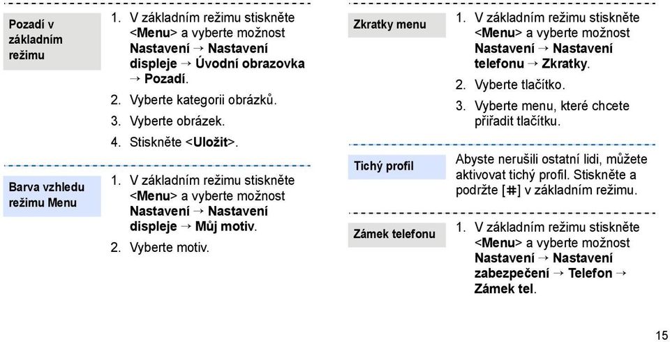 Zkratky menu Tichý profil Zámek telefonu 1. V základním režimu stiskněte <Menu> a vyberte možnost telefonu Zkratky. 2. Vyberte tlačítko. 3.