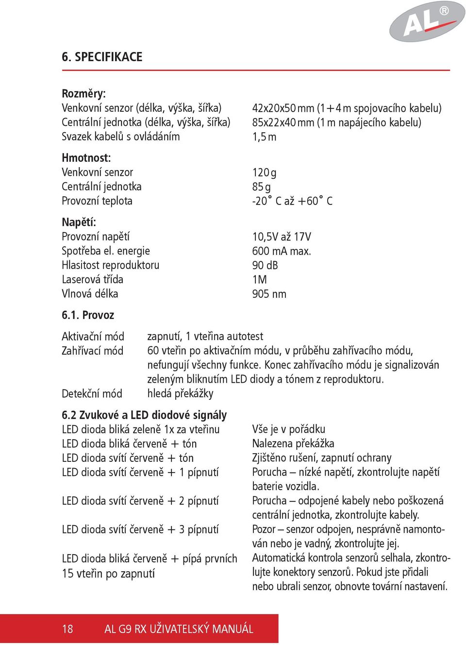 2 Zvukové a LED diodové signály LED dioda bliká zeleně 1x za vteřinu LED dioda bliká červeně + tón LED dioda svítí červeně + tón LED dioda svítí červeně + 1 pípnutí LED dioda svítí červeně + 2
