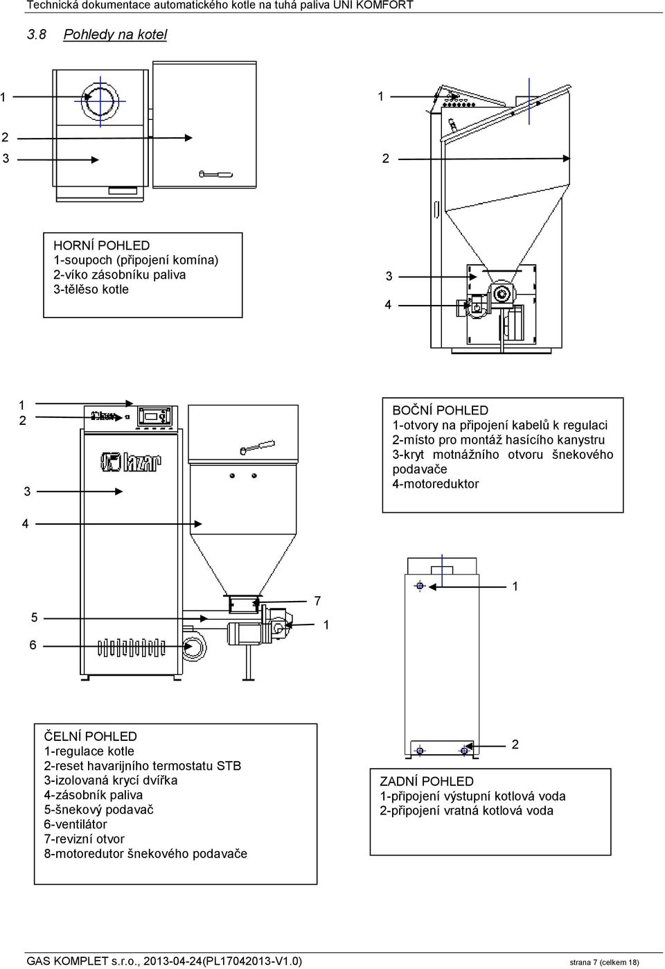 1-regulace kotle 2-reset havarijního termostatu STB 3-izolovaná krycí dvířka 4-zásobník paliva 5-šnekový podavač 6-ventilátor 7-revizní otvor