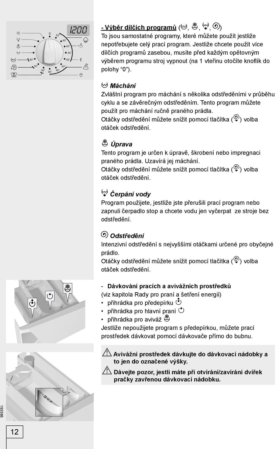 Máchání Zvláštní program pro máchání s několika odstředěními v průběhu cyklu a se závěrečným odstředěním. Tento program můžete použít pro máchání ručně praného prádla.