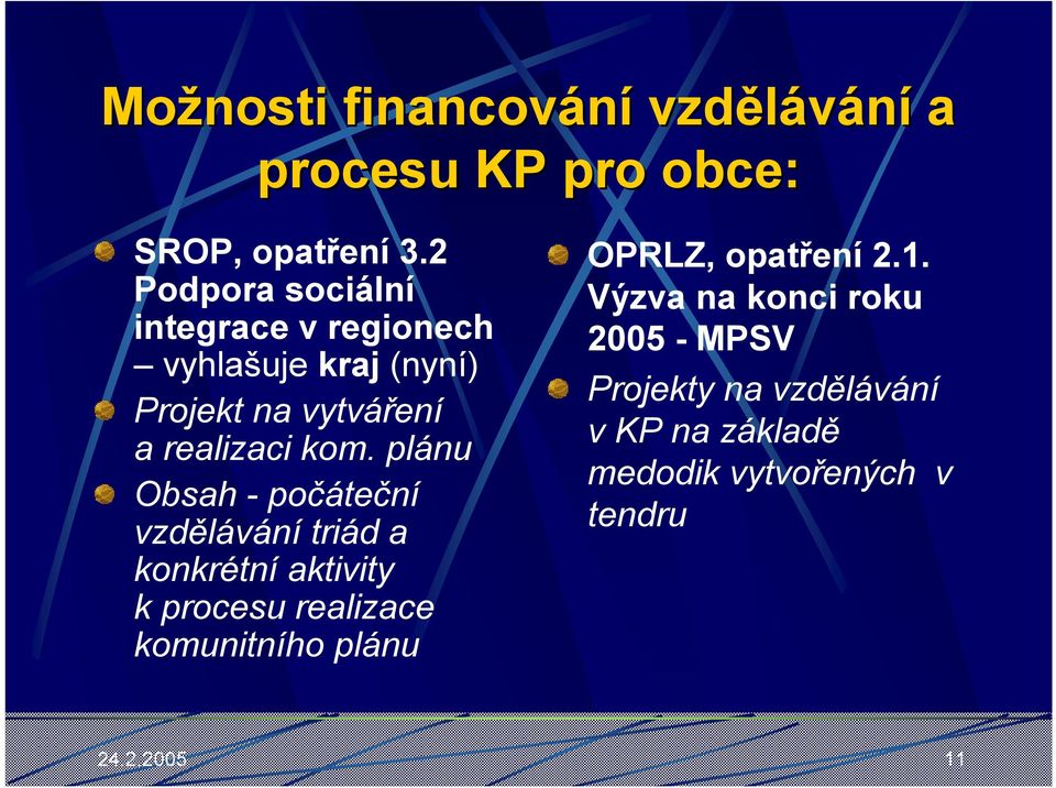 plánu Obsah - počáteční vzdělávání triád a konkrétní aktivity k procesu realizace komunitního plánu