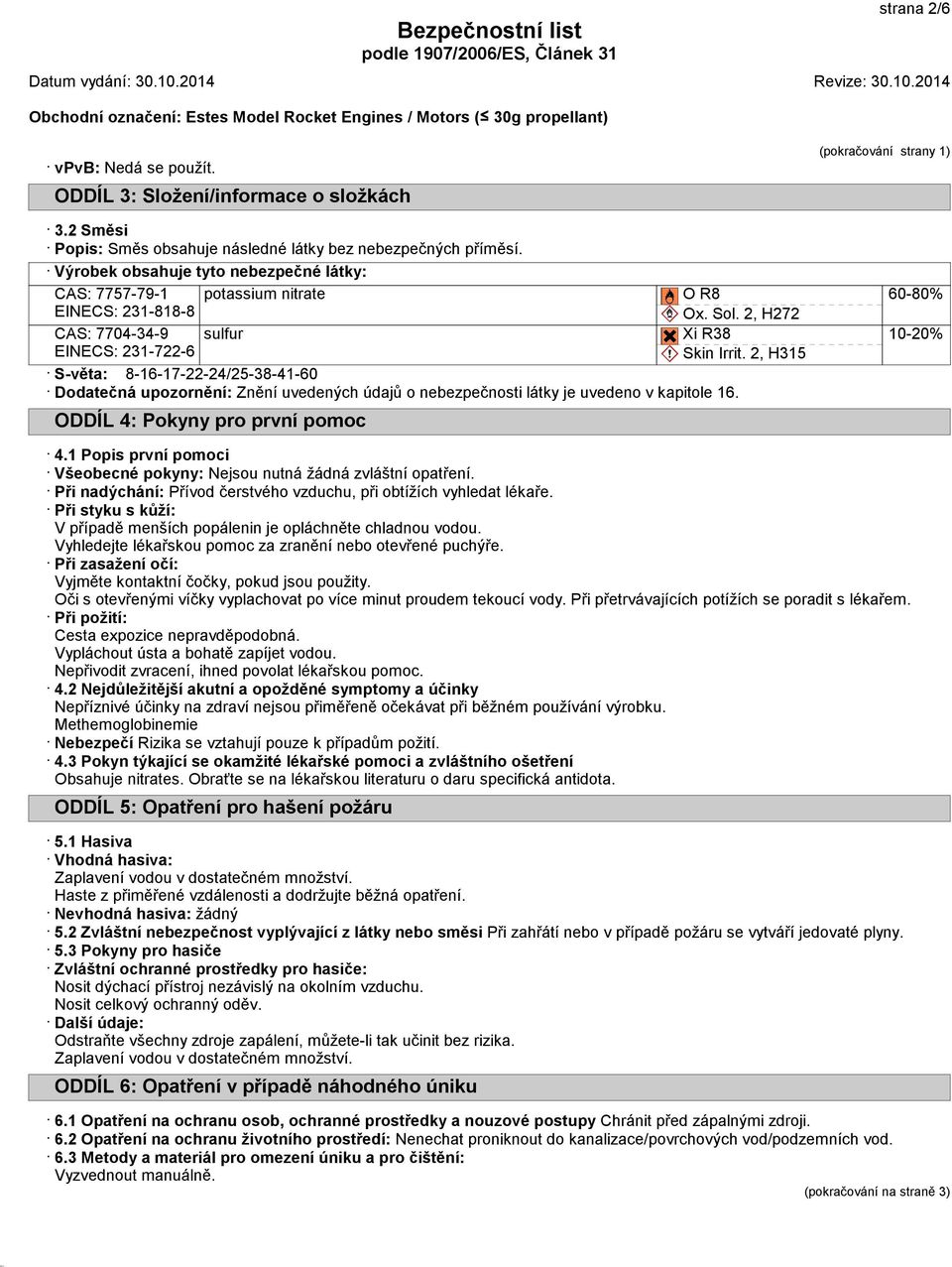 uvedených údajů o nebezpečnosti látky je uvedeno v kapitole 16. ODDÍL 4: Pokyny pro první pomoc O R8 Ox. Sol. 2, H272 Xi R38 Skin Irrit. 2, H315 (pokračování strany 1) 60-80% 10-20% 4.