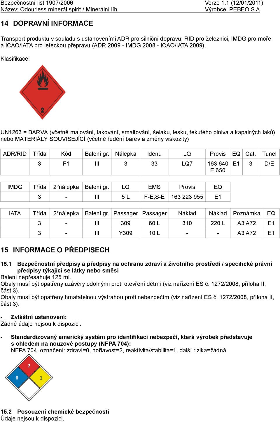 Kód Balení gr. Nálepka Ident. LQ Provis EQ Cat. Tunel 3 F1 III 3 33 LQ7 163 640 E 650 E1 3 D/E IMDG Třída 2 nálepka Balení gr.