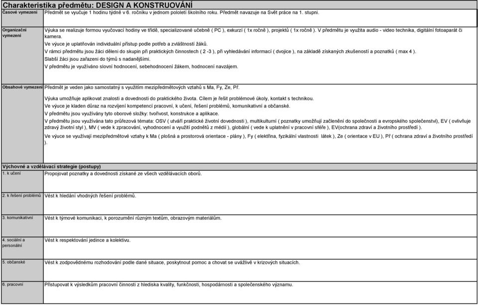 V předmětu je využita audio - video technika, digitální fotoaparát či kamera. Ve výuce je uplatňován individuální přístup podle potřeb a zvláštností žáků.