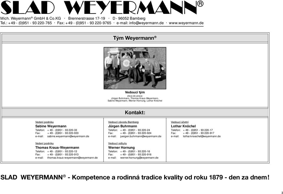 kraus-weyermann@weyermann.de Vedoucí závodu Bamberg Jürgen Buhrmann Telefon: + 49 - (0)951-93 220-24 Fax: + 49 - (0)951-93 220-924 e-mail: juergen.buhrmann@weyermann.