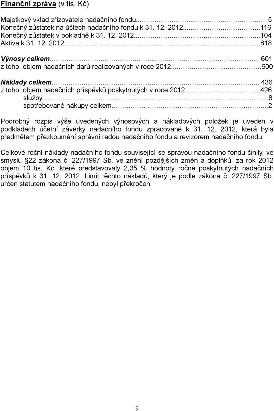 ..8 spotřebované nákupy celkem......2 Podrobný rozpis výše uvedených výnosových a nákladových položek je uveden v podkladech účetní závěrky nadačního fondu zpracované k 31. 12.