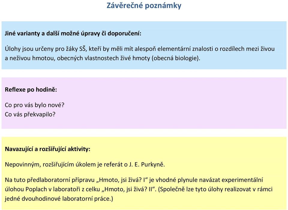 Navazující a rozšiřující aktivity: Nepovinným, rozšiřujícím úkolem je referát o J. E. Purkyně. Na tuto předlaboratorní přípravu Hmoto, jsi živá?