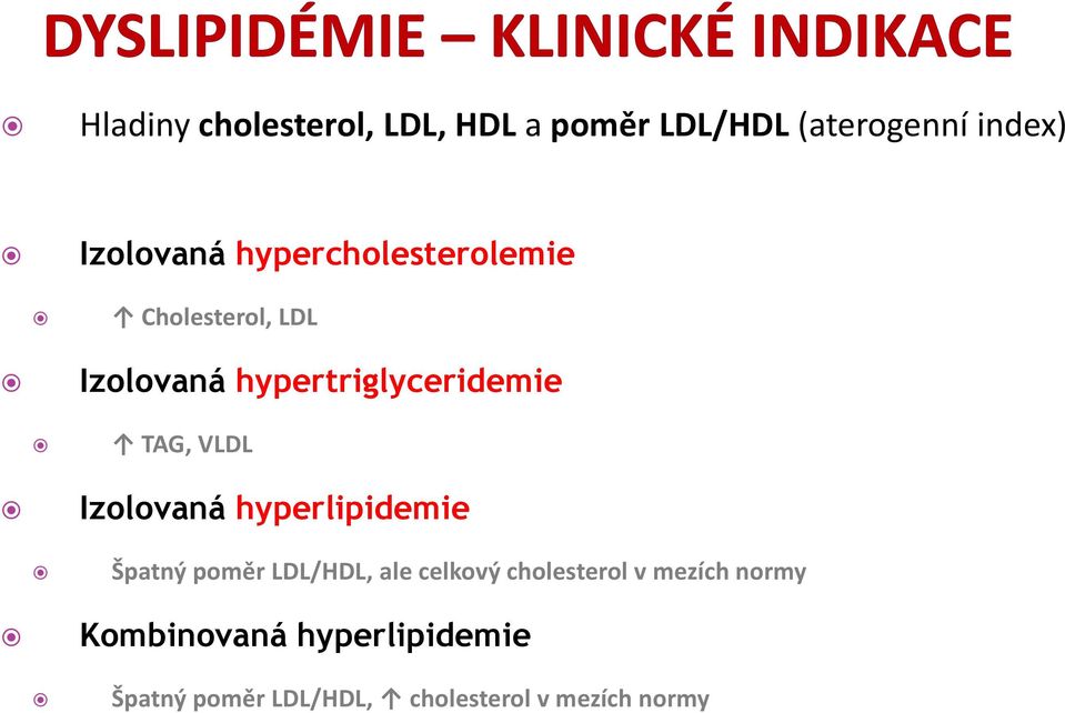 Izolovaná hyperlipidemie Špatný poměr LDL/HDL, ale celkový cholesterol v