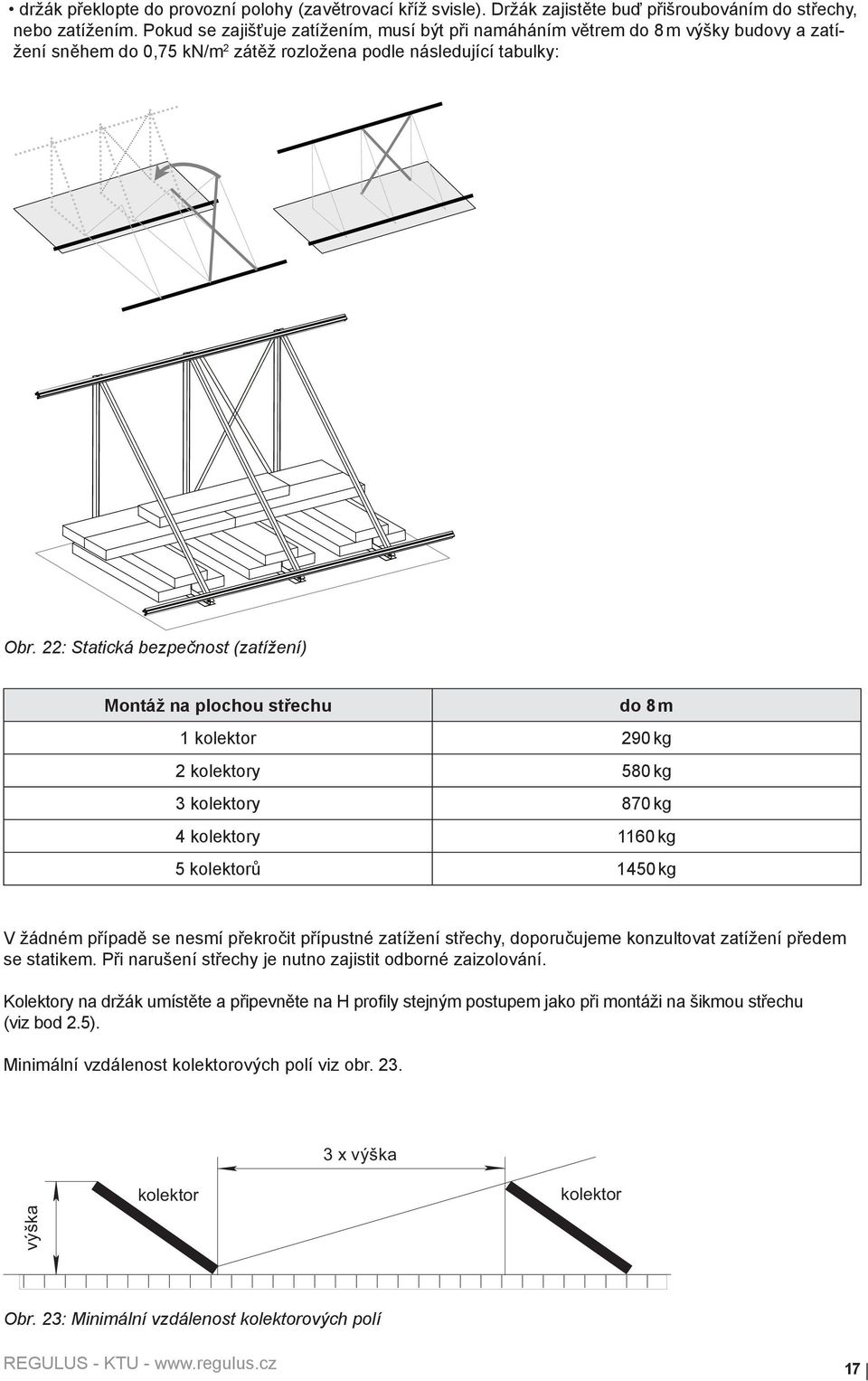 22: Statická bezpečnost (zatížení) Montáž na plochou střechu do 8 m 1 kolektor 290 kg 2 kolektory 580 kg 3 kolektory 870 kg 4 kolektory 1160 kg 5 kolektorů 1450 kg V žádném případě se nesmí překročit