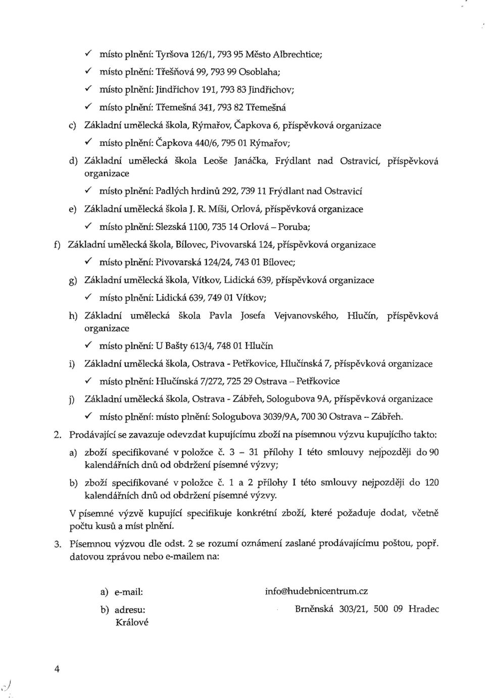 organizace S místo plnění: Padlých hrdinů 292, 739 Frýdlant nad Ostravicí e) Základní umělecká škola J. R.