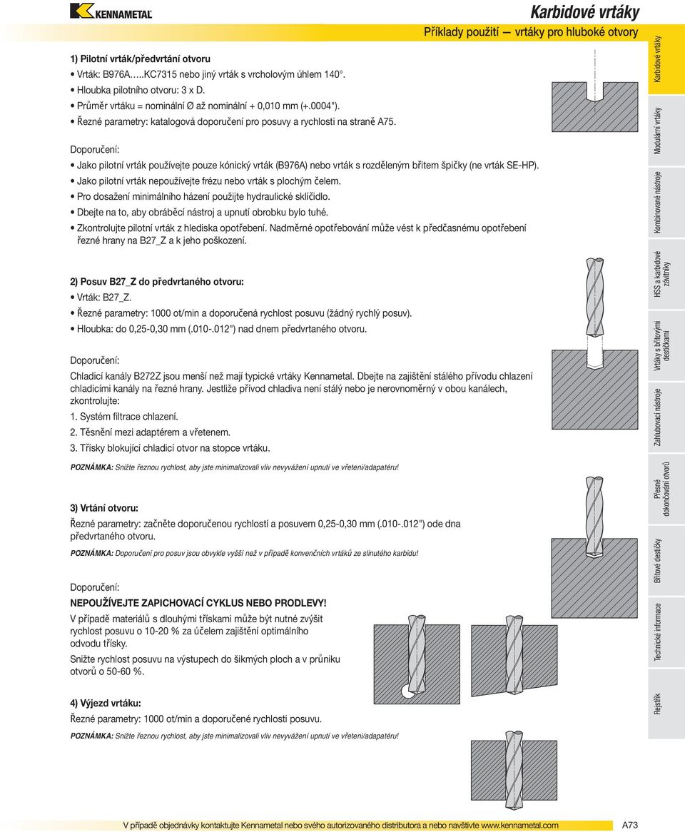 Doporučení: Příklady použití vrtáky pro hluboké otvory Jako pilotní vrták používejte pouze kónický vrták (B976A) nebo vrták s rozděleným břitem špičky (ne vrták SE-HP).