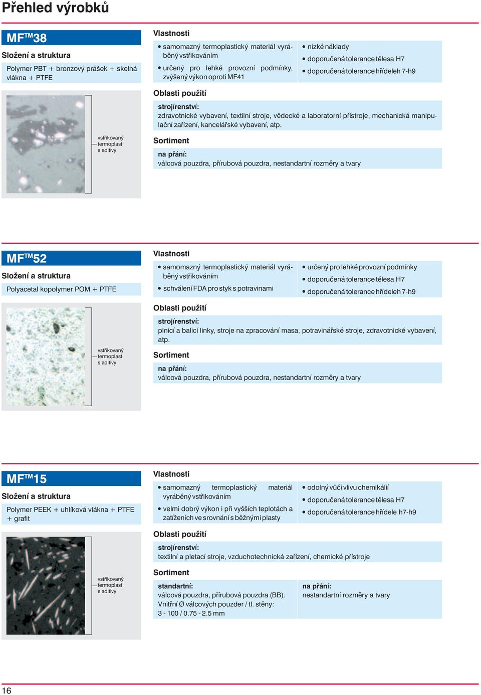 vstøikovaný termoplast s aditivy, pøírubová pouzdra, nestandartní rozmìry a tvary MF TM 52 Polyacetal kopolymer POM + PTFE samomazný termoplastický materiál vyrábìný vstøikováním schválení FDA pro