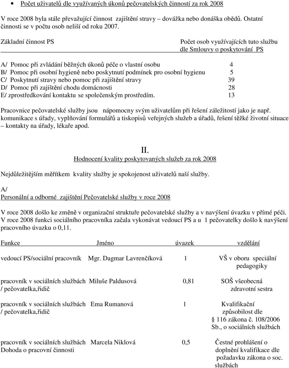 Základní činnost PS Počet osob využívajících tuto službu dle Smlouvy o poskytování PS A/ Pomoc při zvládání běžných úkonů péče o vlastní osobu 4 B/ Pomoc při osobní hygieně nebo poskytnutí podmínek