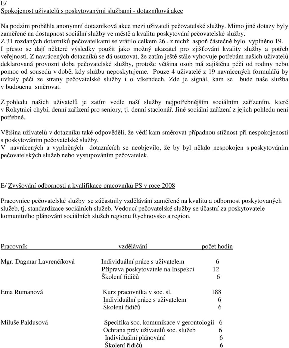 Z 31 rozdaných dotazníků pečovatelkami se vrátilo celkem 26, z nichž aspoň částečně bylo vyplněno 19.