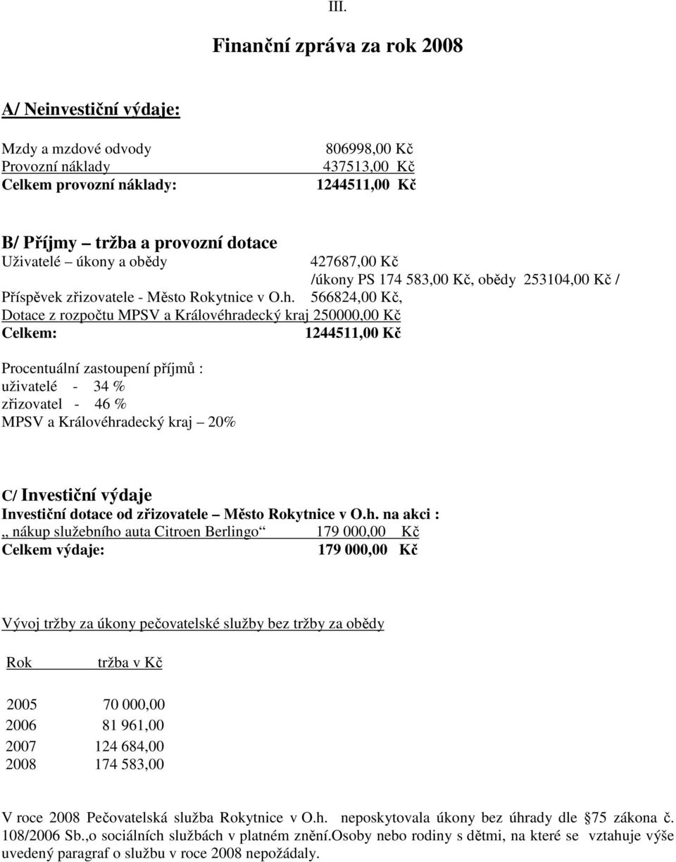 Dotace z rozpočtu MPSV a Královéhradecký kraj 250000,00 Kč Celkem: 1244511,00 Kč Procentuální zastoupení příjmů : uživatelé - 34 % zřizovatel - 46 % MPSV a Královéhradecký kraj 20% 427687,00 Kč