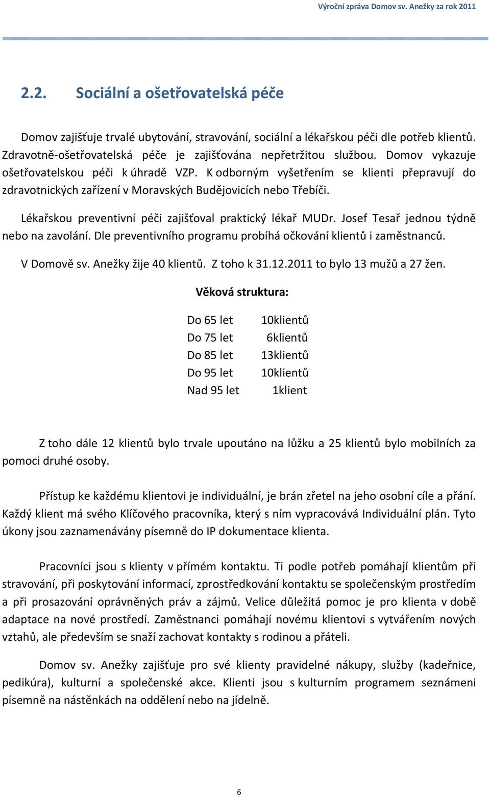 Lékařskou preventivní péči zajišťoval praktický lékař MUDr. Josef Tesař jednou týdně nebo na zavolání. Dle preventivního programu probíhá očkování klientů i zaměstnanců. V Domově sv.