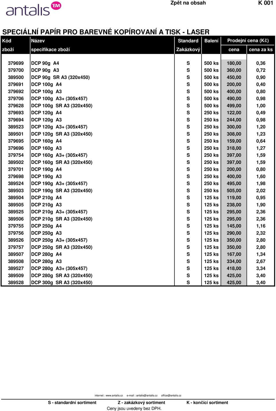 120g A4 S 250 ks 122,00 0,49 379694 DCP 120g A3 S 250 ks 244,00 0,98 389523 DCP 120g A3+ (305x457) S 250 ks 300,00 1,20 389501 DCP 120g SR A3 (320x450) S 250 ks 308,00 1,23 379695 DCP 160g A4 S 250