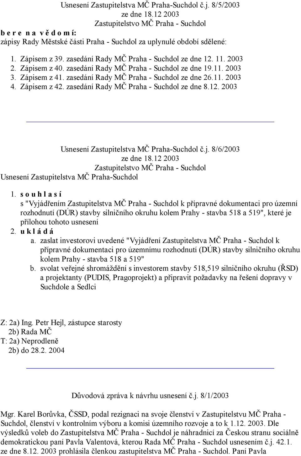 zasedání Rady MČ Praha - Suchdol ze dne 8.12. 2003 Usnesení Zastupitelstva MČ Praha-Suchdol č.j. 8/6/2003 Usnesení Zastupitelstva MČ Praha-Suchdol 1.