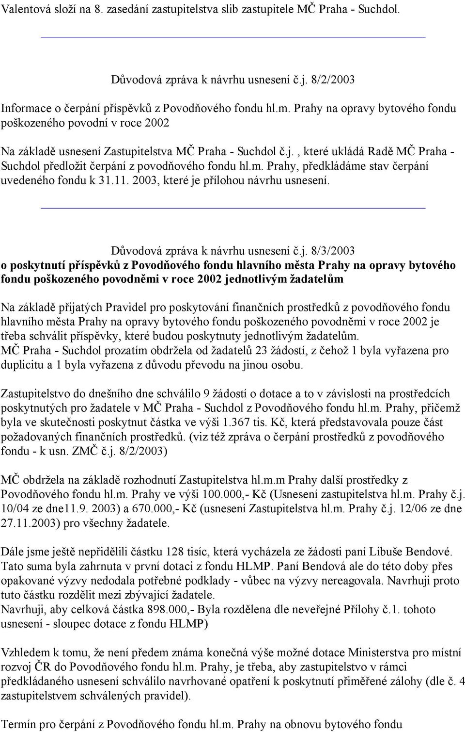 , které ukládá Radě MČ Praha - Suchdol předložit čerpání z povodňového fondu hl.m. Prahy, předkládáme stav čerpání uvedeného fondu k 31.11. 2003, které je přílohou návrhu usnesení.