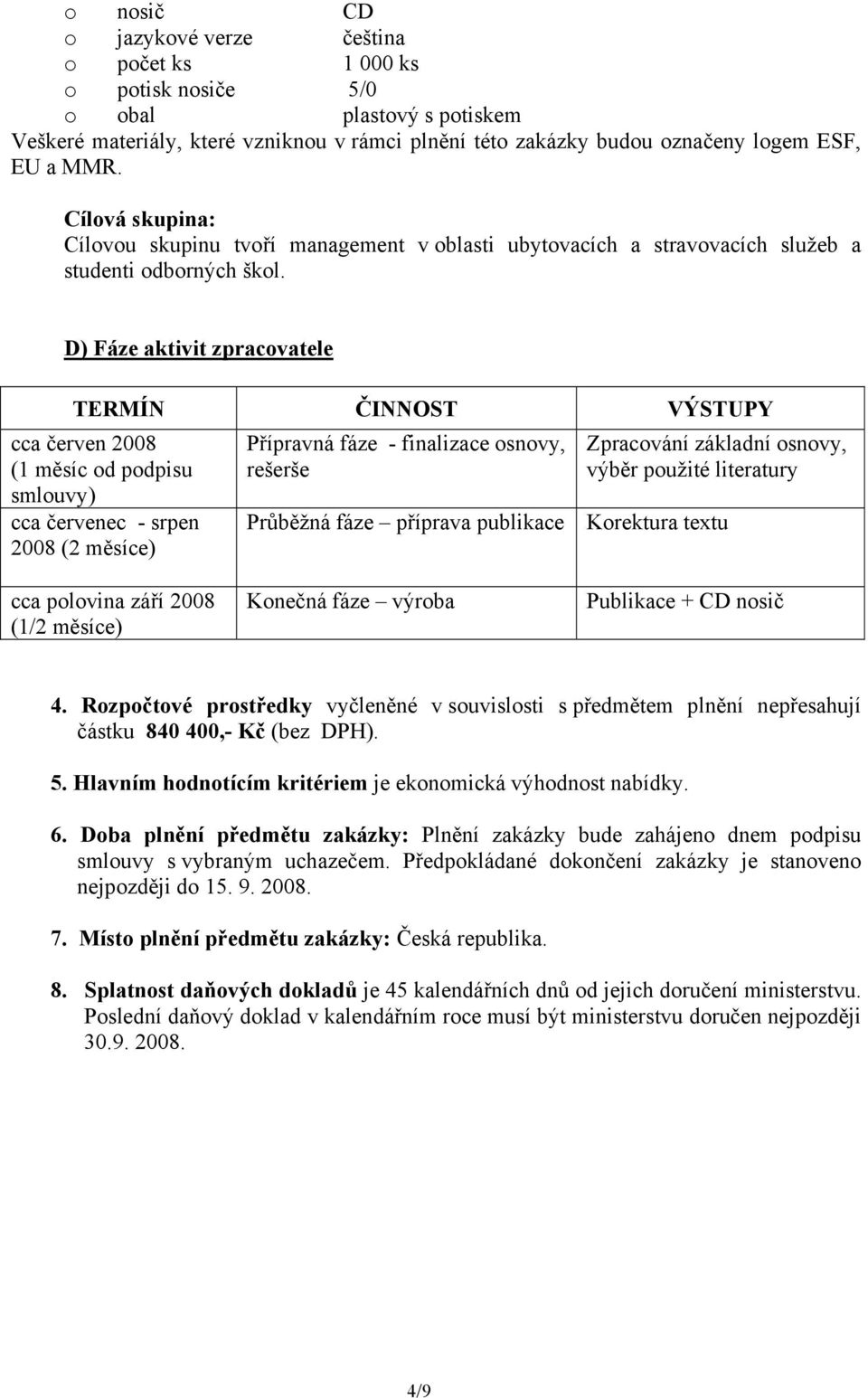 D) Fáze aktivit zpracovatele TERMÍN ČINNOST VÝSTUPY cca červen 2008 (1 měsíc od podpisu smlouvy) cca červenec - srpen 2008 (2 měsíce) Přípravná fáze - finalizace osnovy, rešerše Zpracování základní