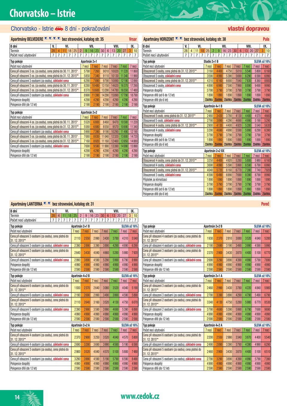 (za osobu), cena platná do 31. 12. 2015** 5850 7340 9110 10130 11340 11990 Cena při obsazení 3 osobami (za osobu), základní cena 6290 7890 9790 10890 12190 12890 Cena při obsazení 2 os.