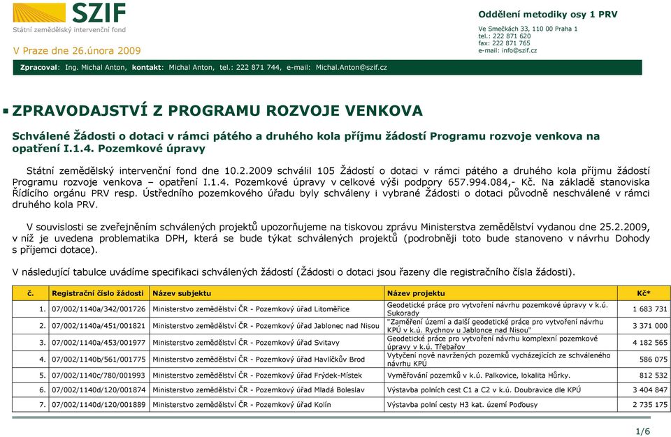 2.2009 schválil 105 Žádostí o dotaci v rámci pátého a druhého kola příjmu žádostí Programu rozvoje venkova opatření I.1.4. Pozemkové úpravy v celkové výši podpory 657.994.084,- Kč.