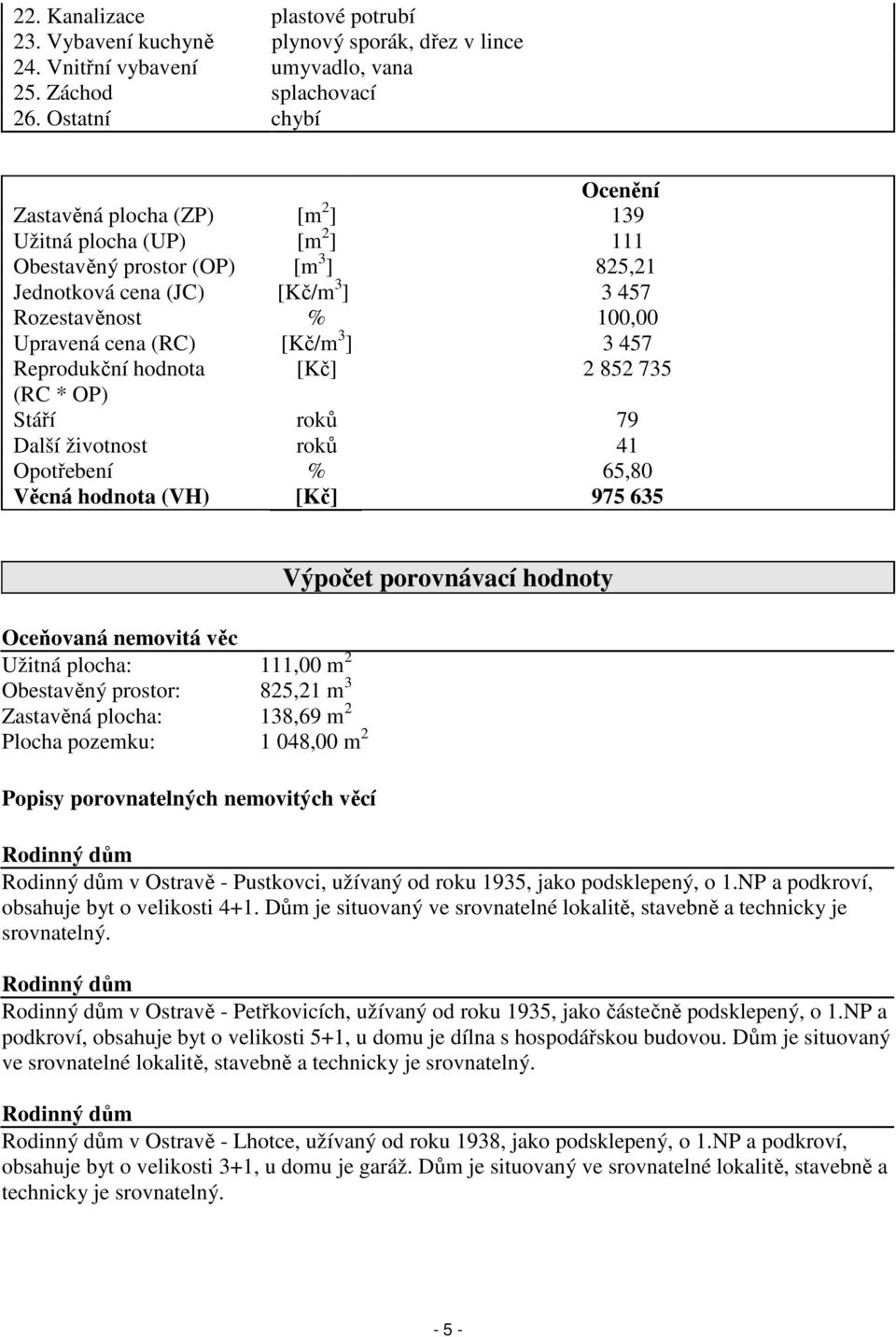 (RC) [Kč/m 3 ] 3 457 Reprodukční hodnota [Kč] 2 852 735 (RC * OP) Stáří roků 79 Další životnost roků 41 Opotřebení % 65,80 Věcná hodnota (VH) [Kč] 975 635 Oceňovaná nemovitá věc Užitná plocha: 111,00