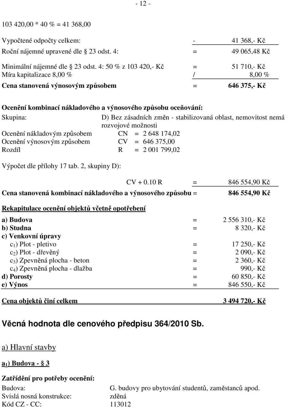 nákladovým způsobem CN = 2 648 174,02 Ocenění výnosovým způsobem CV = 646 375,00 Rozdíl R = 2 001 799,02 Výpočet dle přílohy 17 tab.