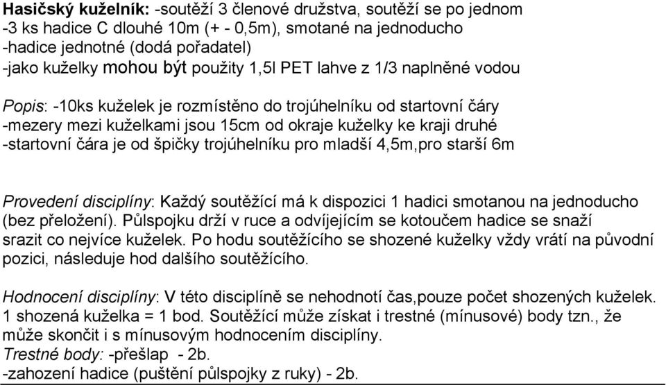 trojúhelníku pro mladší 4,5m,pro starší 6m Provedení disciplíny: Každý soutěžící má k dispozici 1 hadici smotanou na jednoducho (bez přeložení).