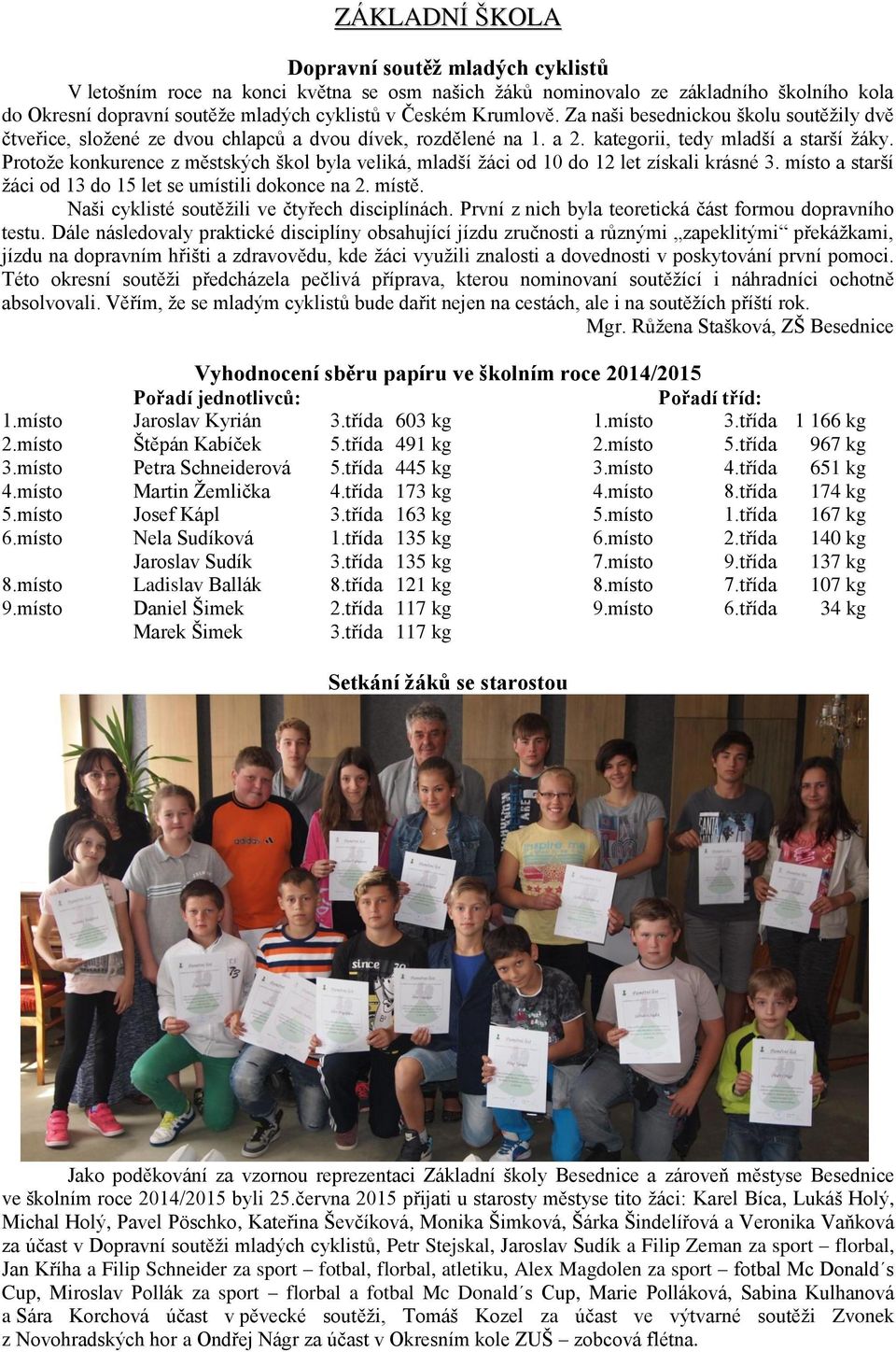 Protože konkurence z městských škol byla veliká, mladší žáci od 10 do 12 let získali krásné 3. místo a starší žáci od 13 do 15 let se umístili dokonce na 2. místě.