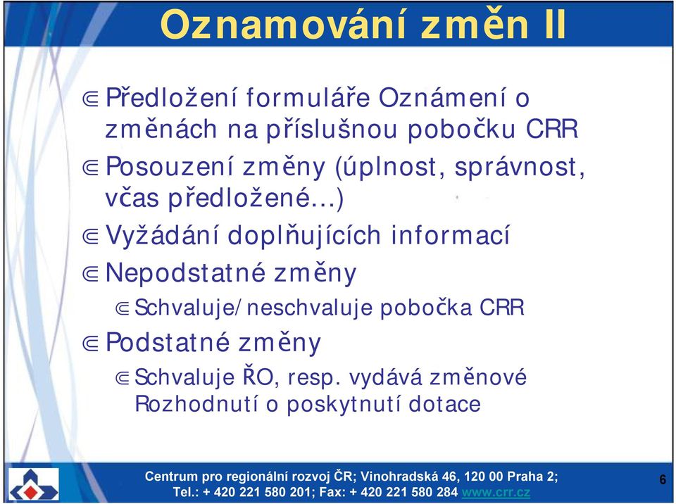 doplňujících informací Nepodstatné změny Schvaluje/neschvaluje pobočka CRR