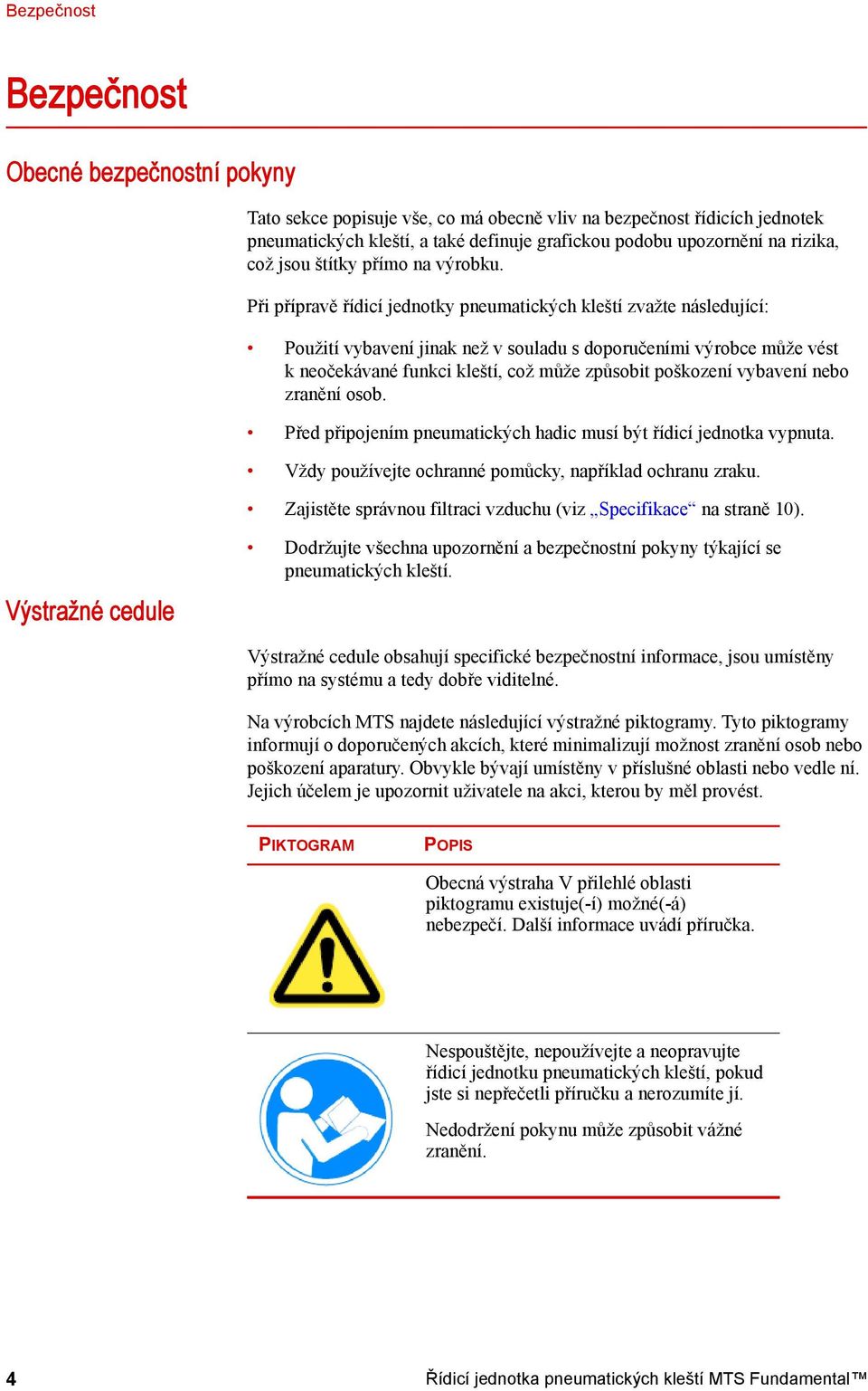 Při přípravě řídicí jednotky pneumatických kleští zvažte následující: Použití vybavení jinak než v souladu s doporučeními výrobce může vést k neočekávané funkci kleští, což může způsobit poškození