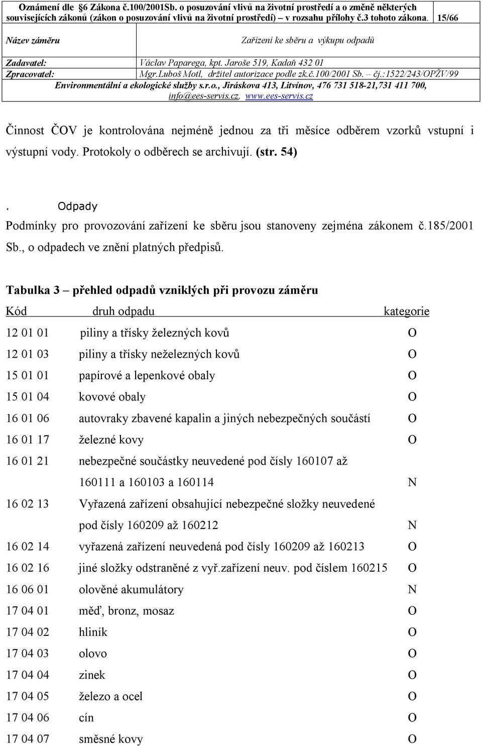 Odpady Podmínky pro provozování zařízení ke sběru jsou stanoveny zejména zákonem č.185/2001 Sb., o odpadech ve znění platných předpisů.