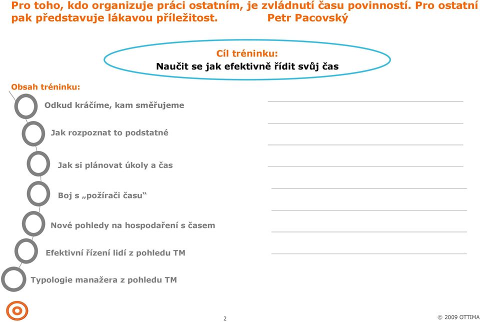 Petr Pacovský Cíl tréninku: Naučit se jak efektivně řídit svůj čas Obsah tréninku: Odkud kráčíme, kam