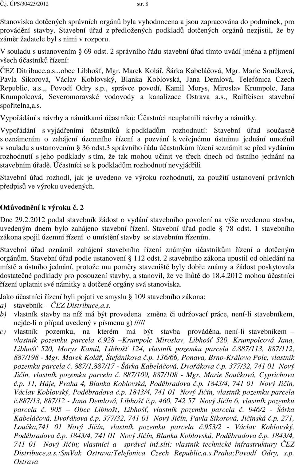 2 správníh řádu stavební úřad tímt uvádí jména a příjmení všech účastníků řízení: ČEZ Ditribuce,a.s..,bec Libhšť, Mgr. Marek Klář, Šárka Kabeláčvá, Mgr.