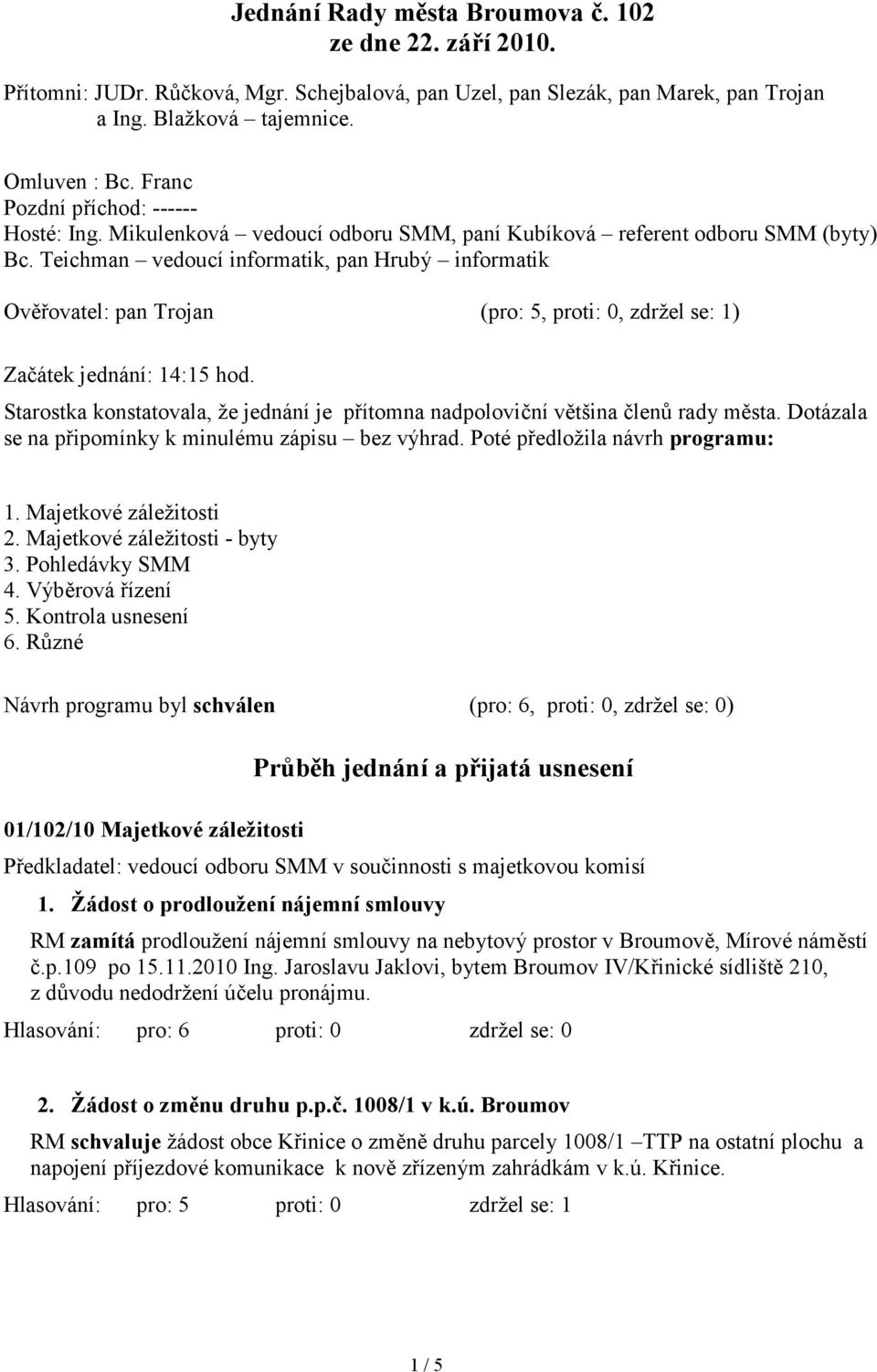 Teichman vedoucí informatik, pan Hrubý informatik Ověřovatel: pan Trojan (pro: 5, proti: 0, zdržel se: 1) Začátek jednání: 14:15 hod.