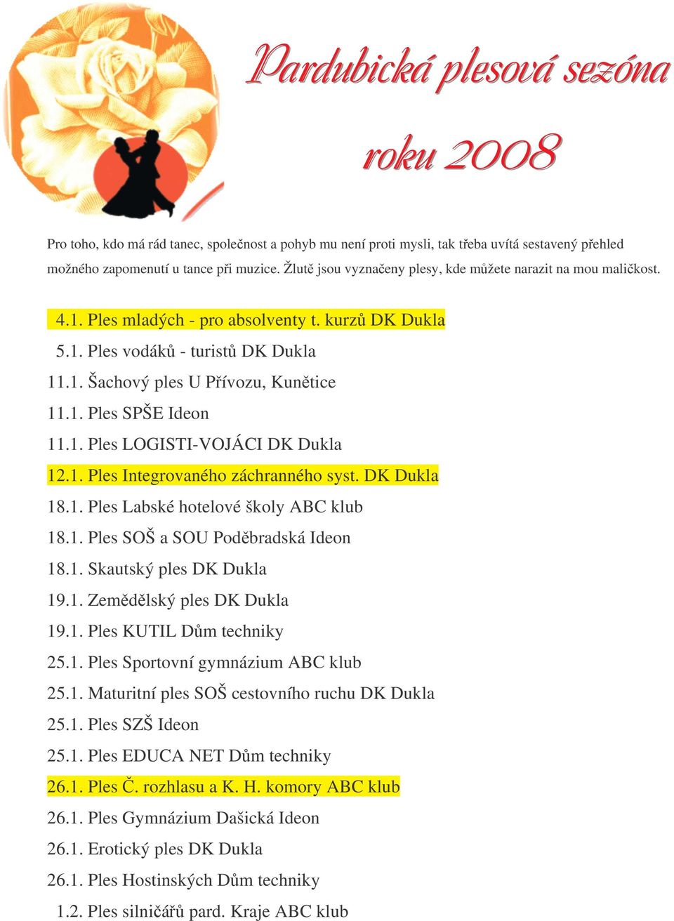 DK Dukla 18.1. Ples Labské hotelové školy ABC klub 18.1. Ples SOŠ a SOU Podbradská Ideon 18.1. Skautský ples DK Dukla 19.1. Zemdlský ples DK Dukla 19.1. Ples KUTIL Dm techniky 25.1. Ples Sportovní gymnázium ABC klub 25.
